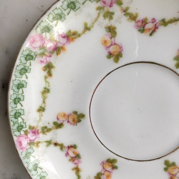 Antique Dish MZ Austria Saucer Pink Green Floral Habsburg China Moritz Zdekauer - Picture 4 of 4
